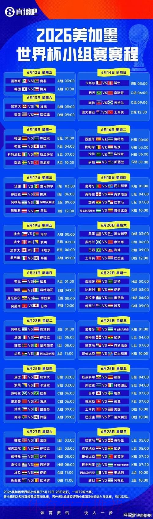 2026世界杯小组赛赛程一览实时赛程免费观看